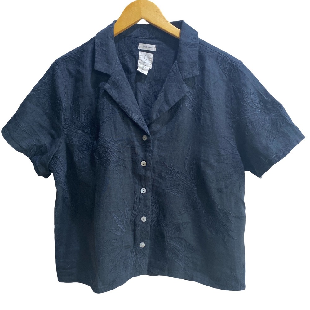 Joie Black 100% Linen Embroidered Short Sleeve Button Up Camp Shirt Womens